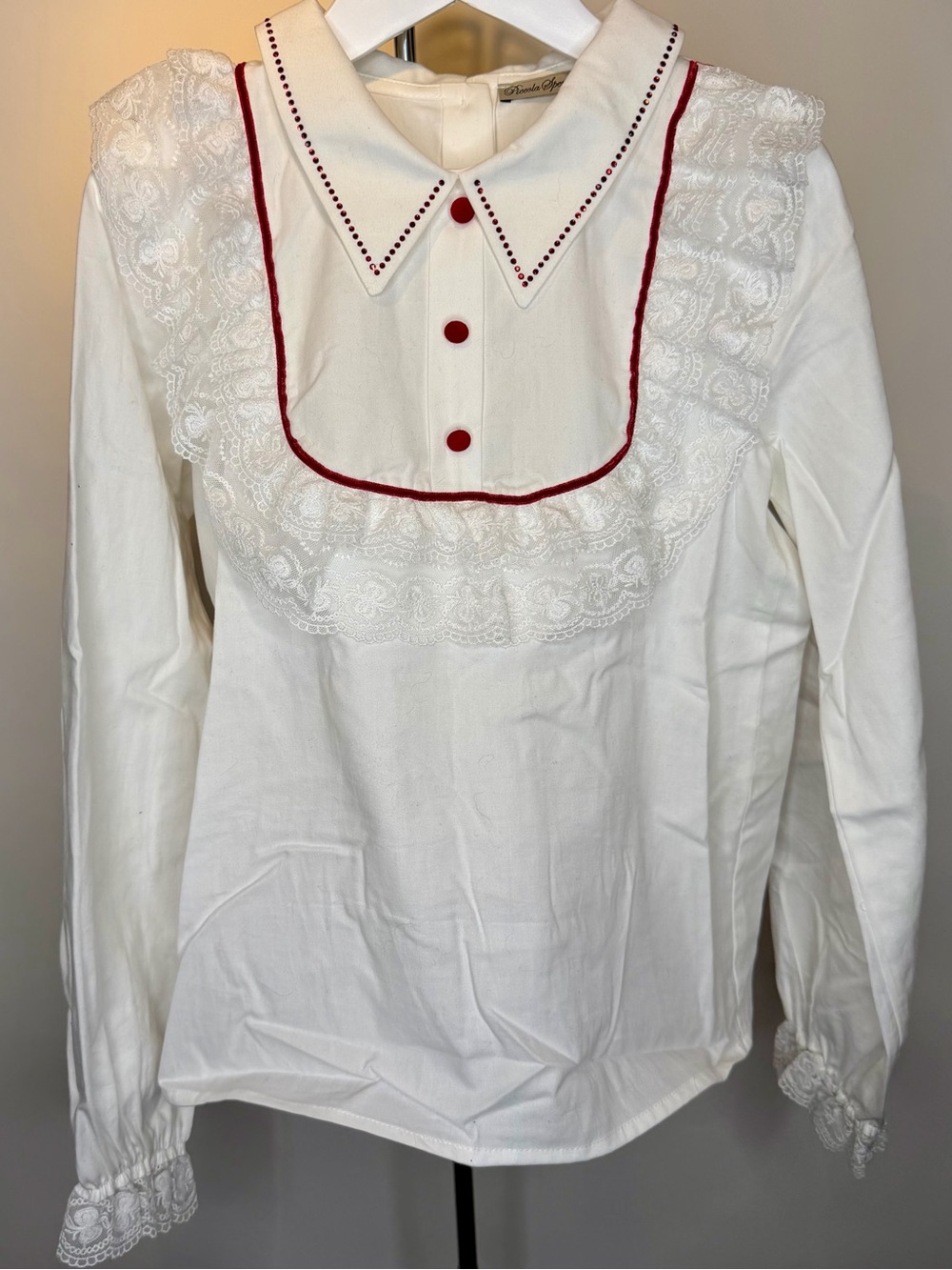 Piccola Speranza Girls White Lace Bib Blouse Res Velvet Trim and Rhinesotnes